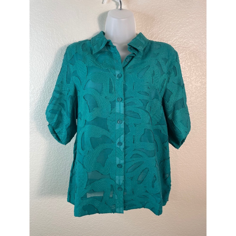 Chicos 2 US 12 Button Down Blouse Teal Green Burnout Jacquard Short Sleeve Chic